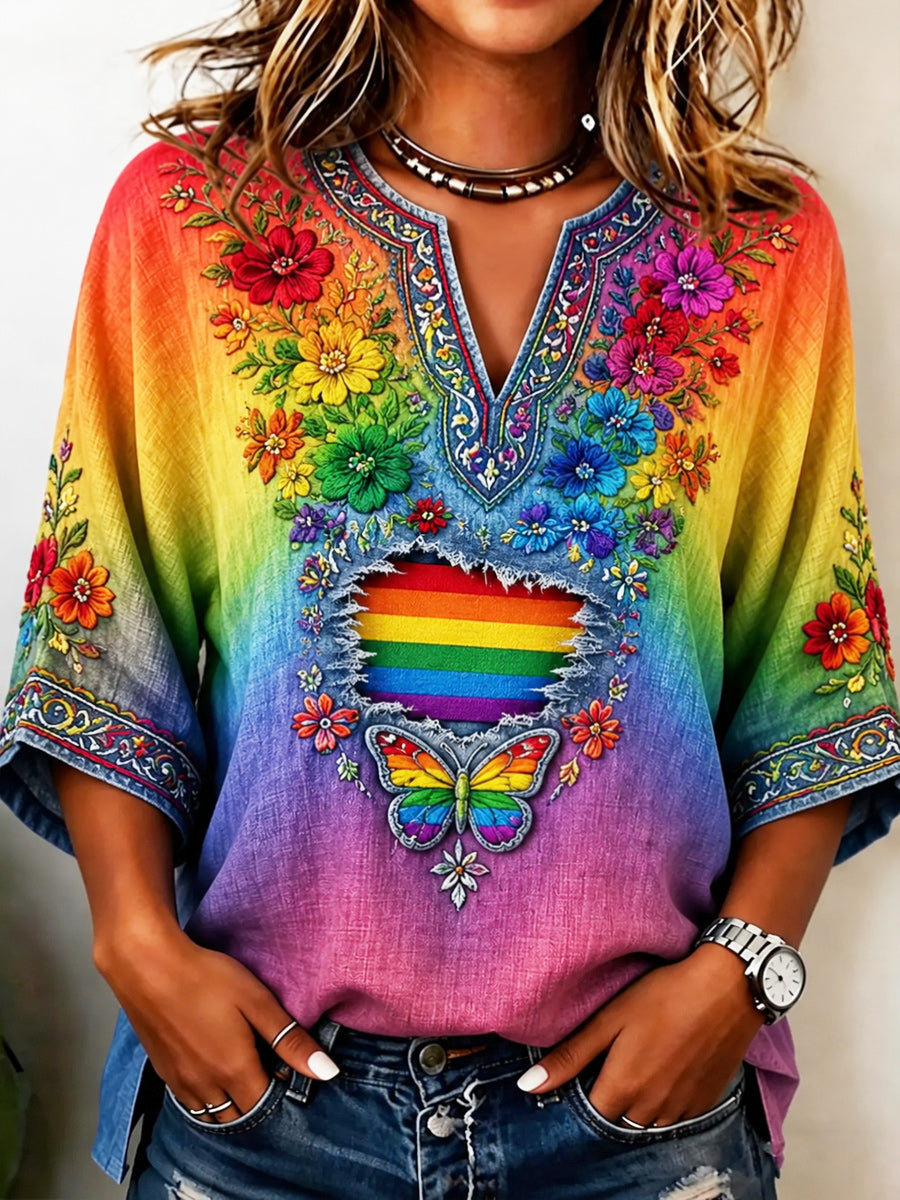 Retro Style Floral Art Printed Vintage V-Neck Casual Elbow Sleeve Top